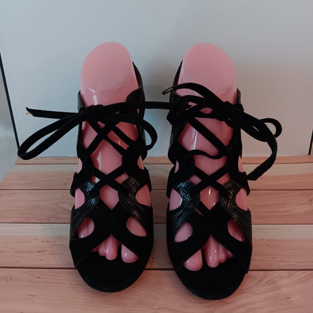 Kate Spade Black Leather & Suede Lace-Up Stiletto Sandals 🖤